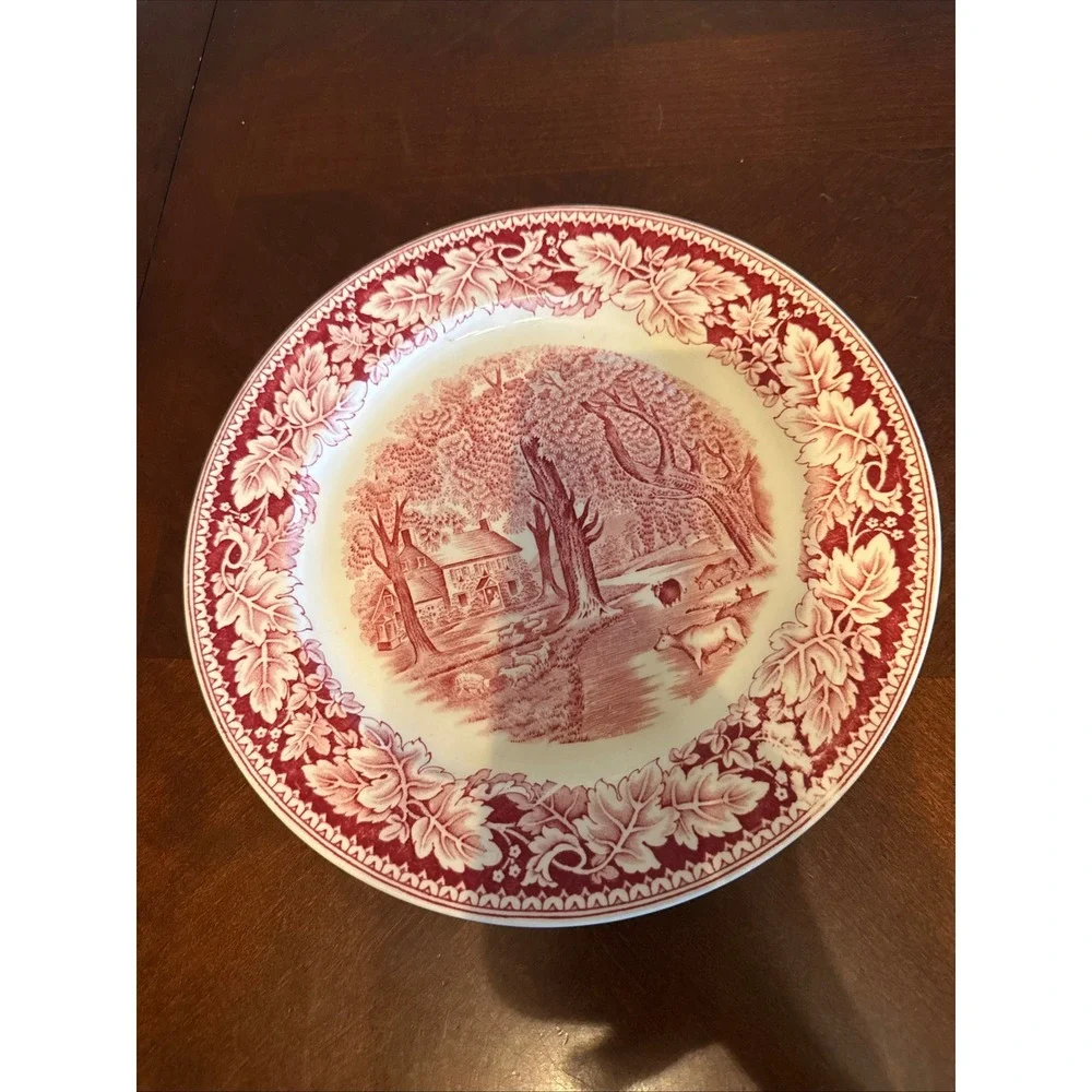 Homer Laughlin Currier & Ives Home Sweet Home Red Transferware Dinner Plate